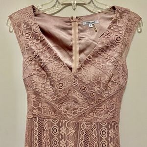 Minuet blush lace cap sleeve floor length gown